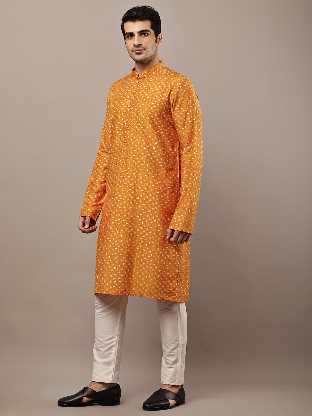 Men’s Mustard Printed Kurta Pyjama Set | SHOBITAM