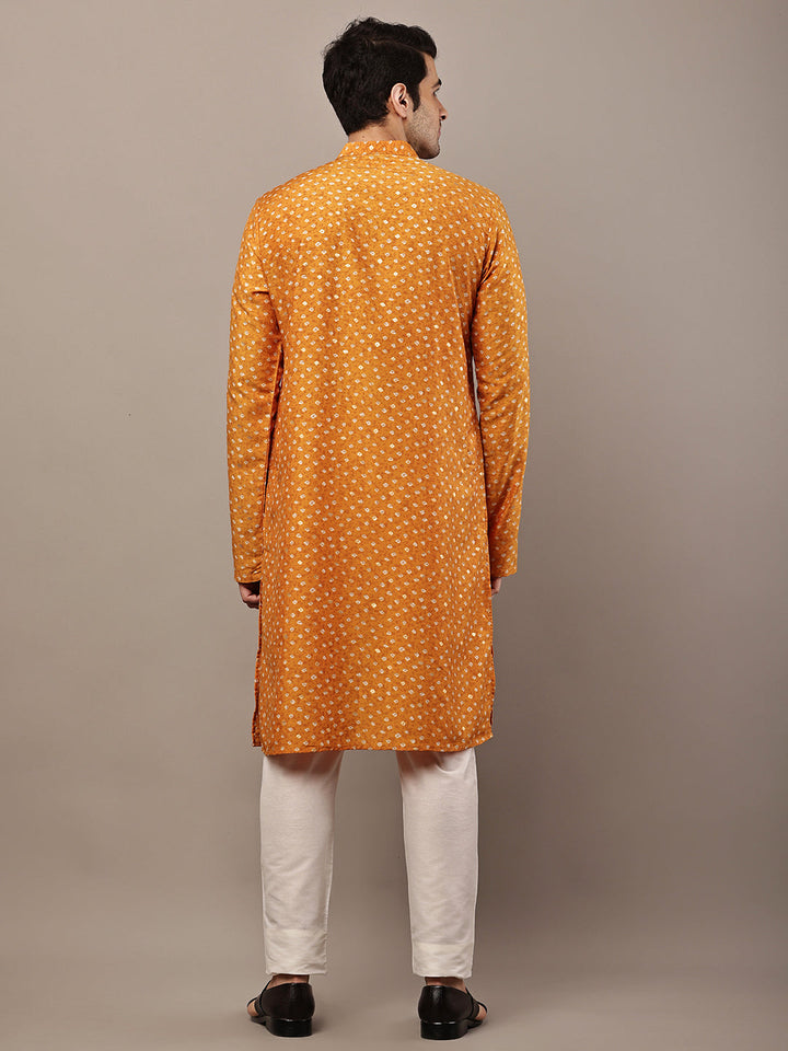 Men’s Mustard Printed Kurta Pyjama Set | SHOBITAM