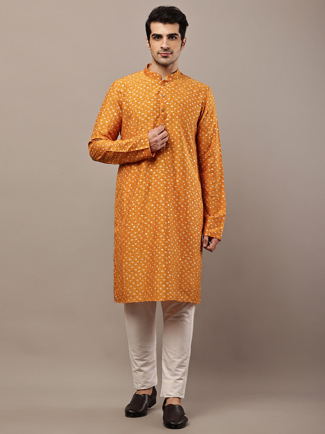 Men’s Mustard Printed Kurta Pyjama Set | SHOBITAM