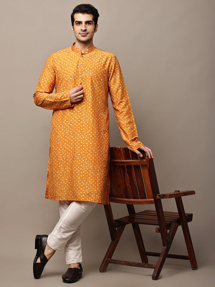 PARTNER OOS-0//Viscose Men’s Mustard Printed Kurta | SHOBITAM