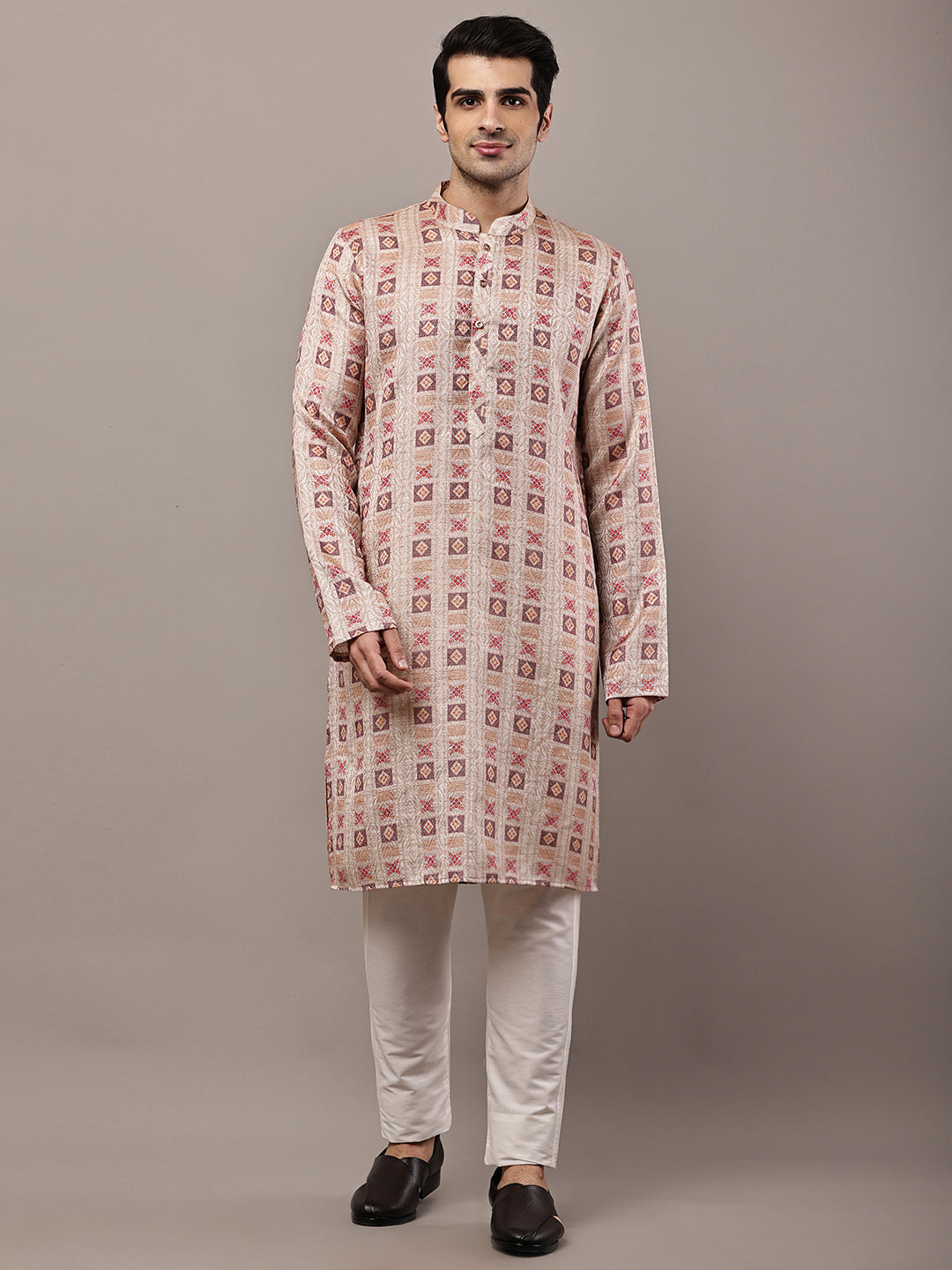 Men’s Beige Printed Kurta Pyjama Set | SHOBITAM