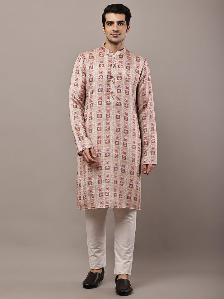 Men’s Beige Printed Kurta Pyjama Set | SHOBITAM