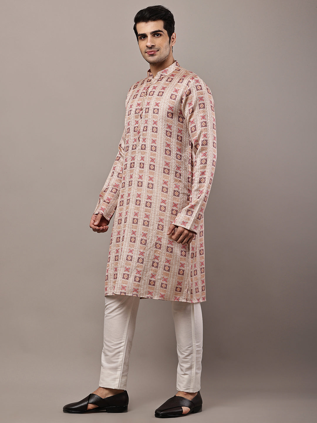Men’s Beige Printed Kurta Pyjama Set | SHOBITAM