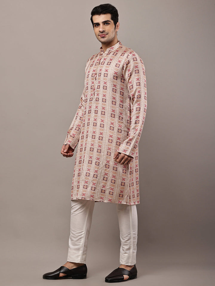 Men’s Beige Printed Kurta Pyjama Set | SHOBITAM