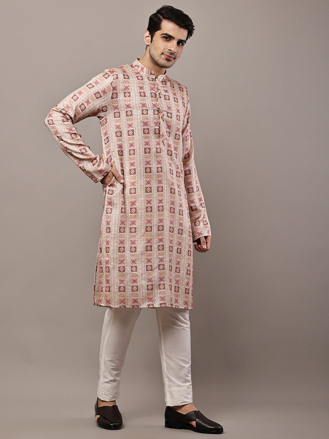 Men’s Beige Printed Kurta Pyjama Set | SHOBITAM