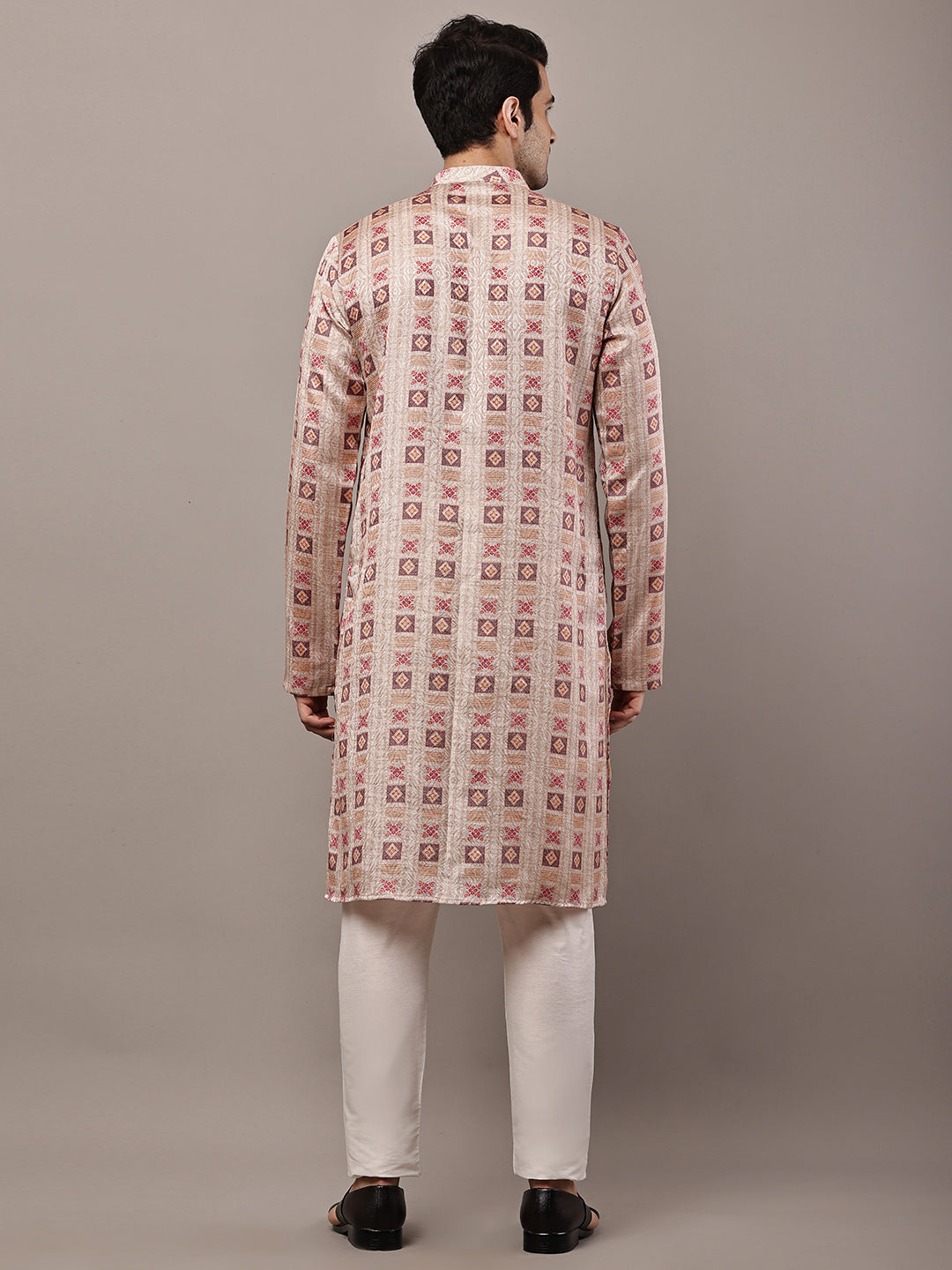 Men’s Beige Printed Kurta Pyjama Set | SHOBITAM