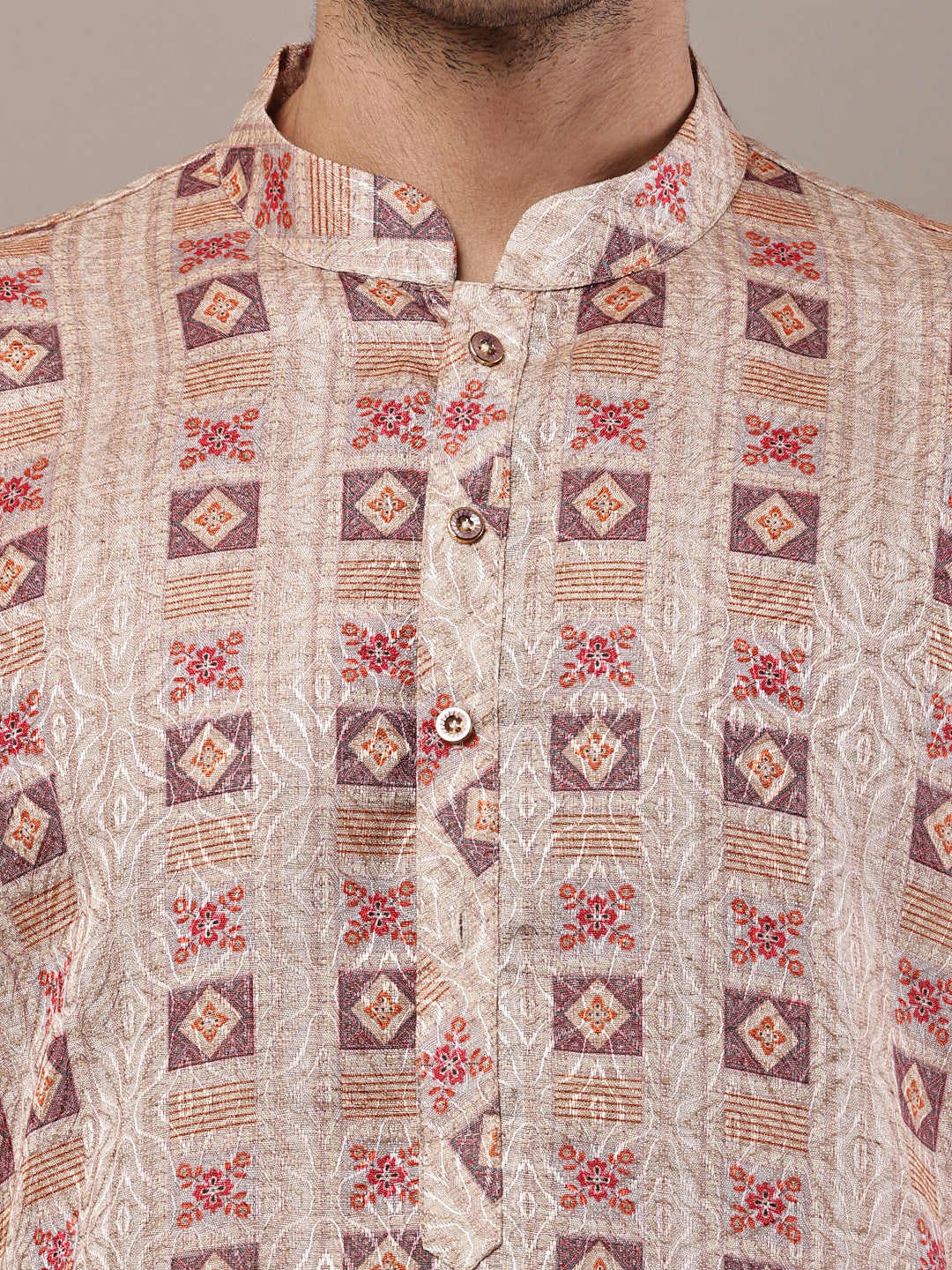 Men’s Beige Printed Kurta Pyjama Set | SHOBITAM