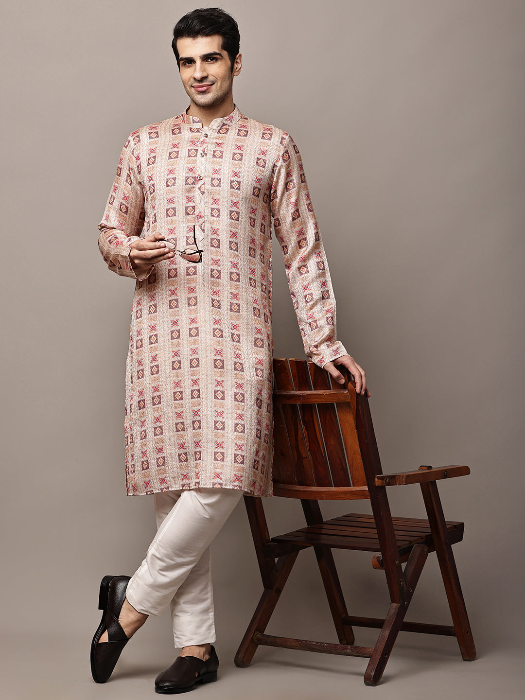Men’s Beige Printed Kurta Pyjama Set | SHOBITAM