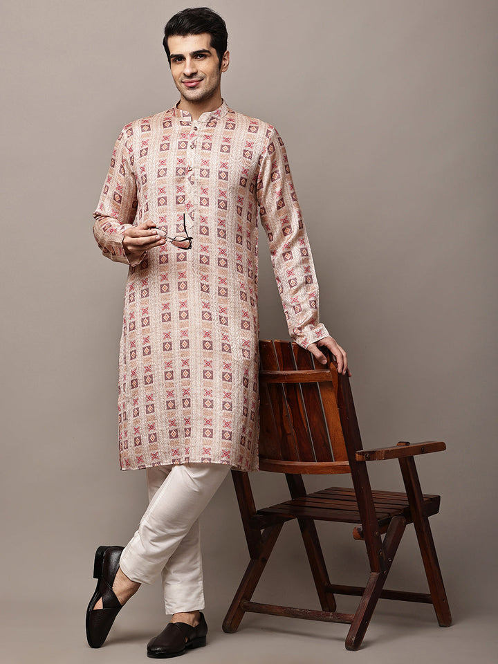Men’s Beige Printed Kurta Pyjama Set | SHOBITAM