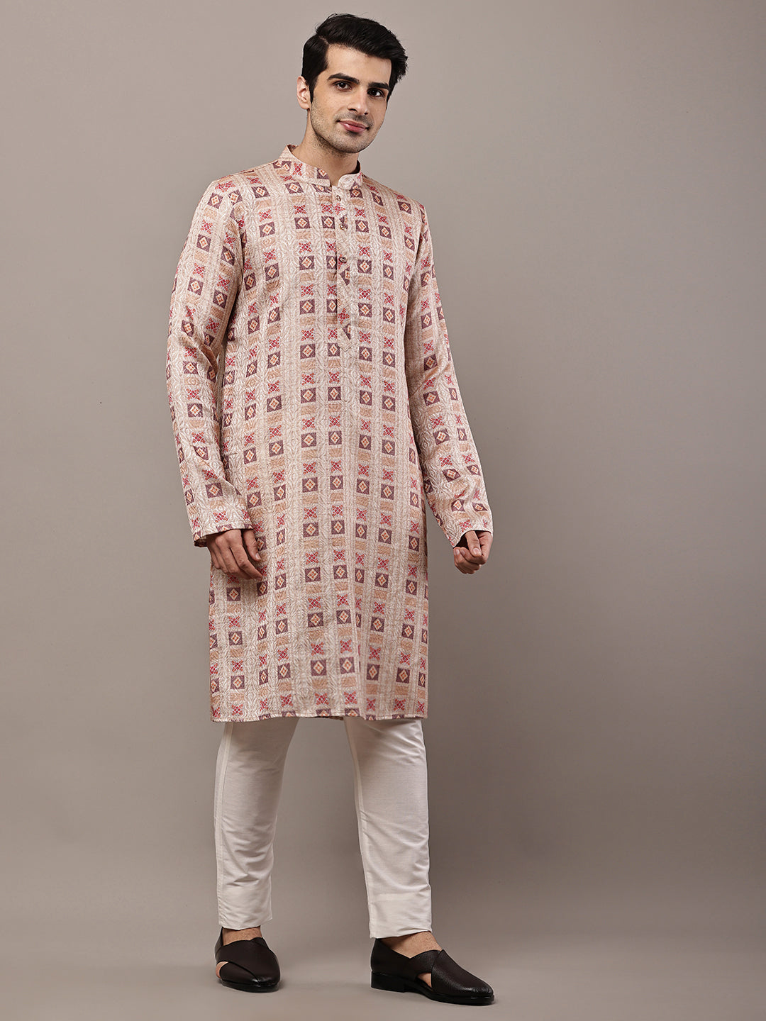 PARTNER OOS/////Viscose Men’s Beige Printed Kurta | SHOBITAM