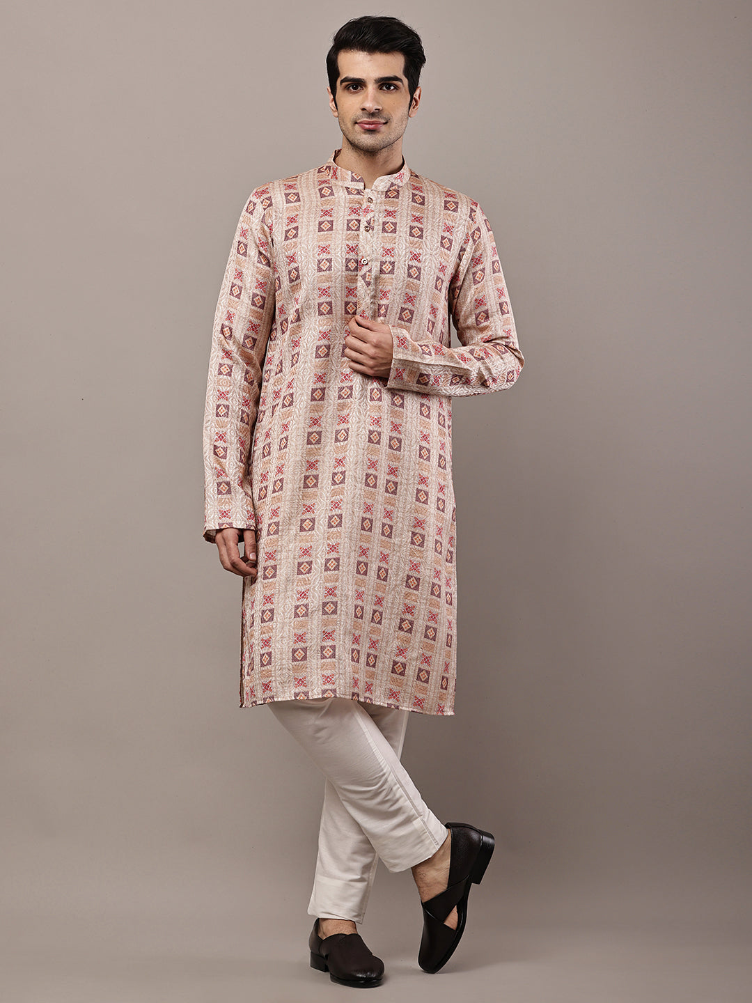 PARTNER OOS/////Viscose Men’s Beige Printed Kurta | SHOBITAM
