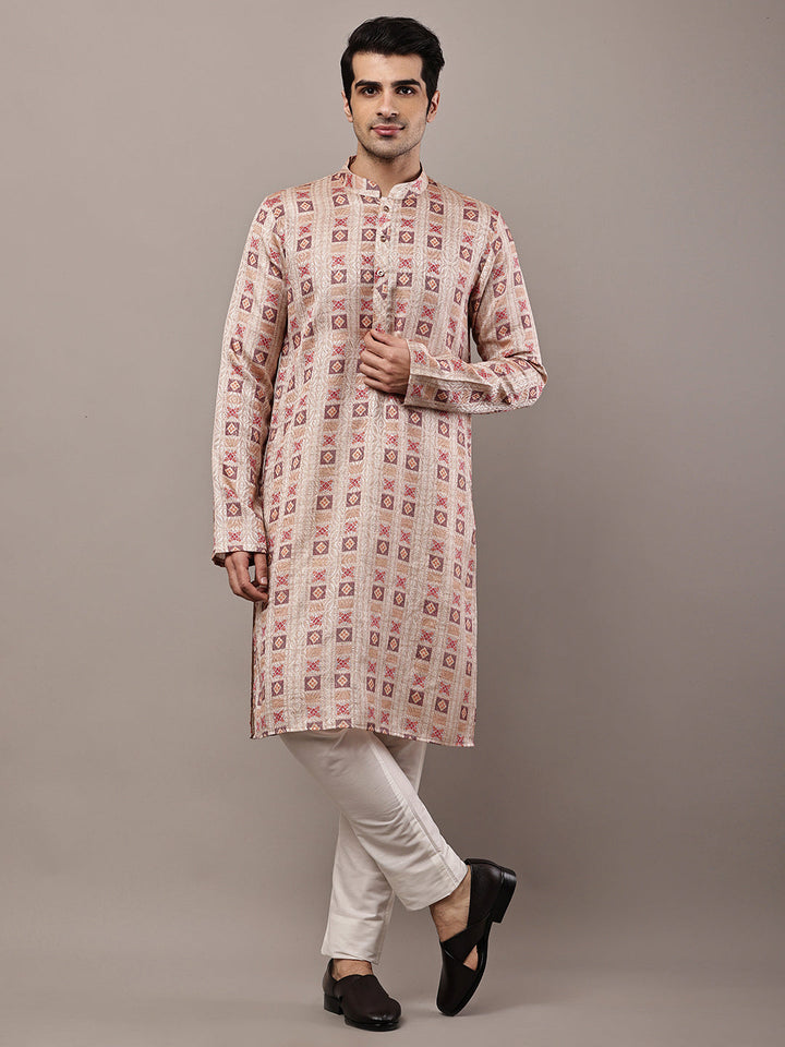 PARTNER OOS/////Viscose Men’s Beige Printed Kurta | SHOBITAM