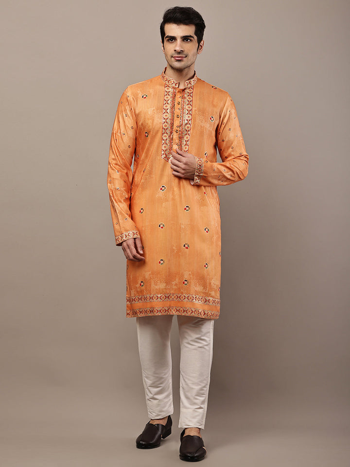 Viscose Men’s Rust Orange Embroidered Kurta | SHOBITAM