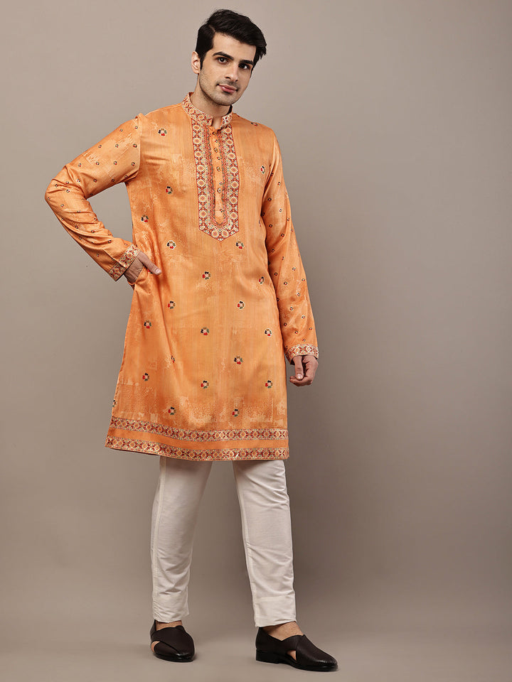Viscose Men’s Rust Orange Embroidered Kurta | SHOBITAM