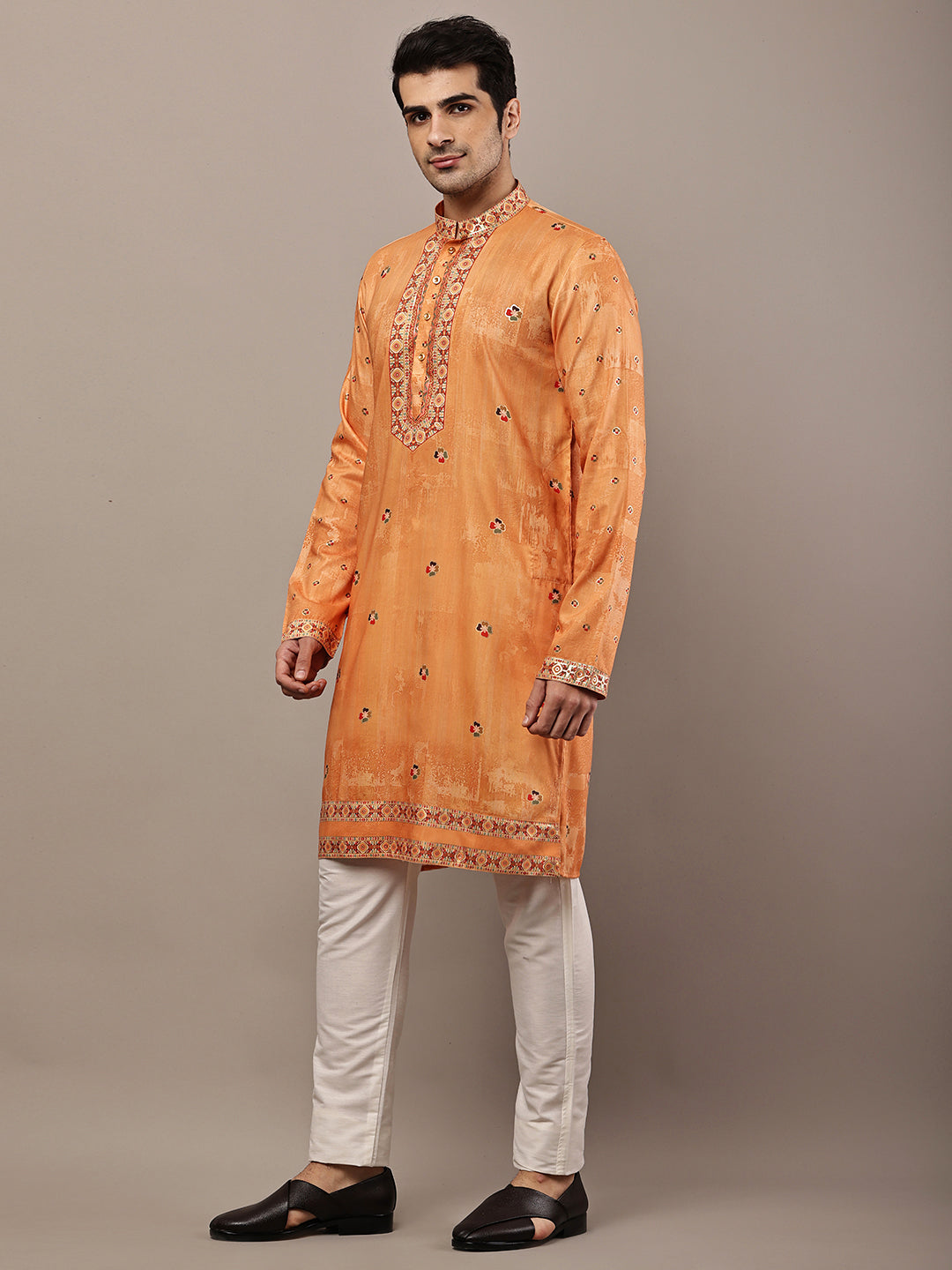 Viscose Men’s Rust Orange Embroidered Kurta | SHOBITAM