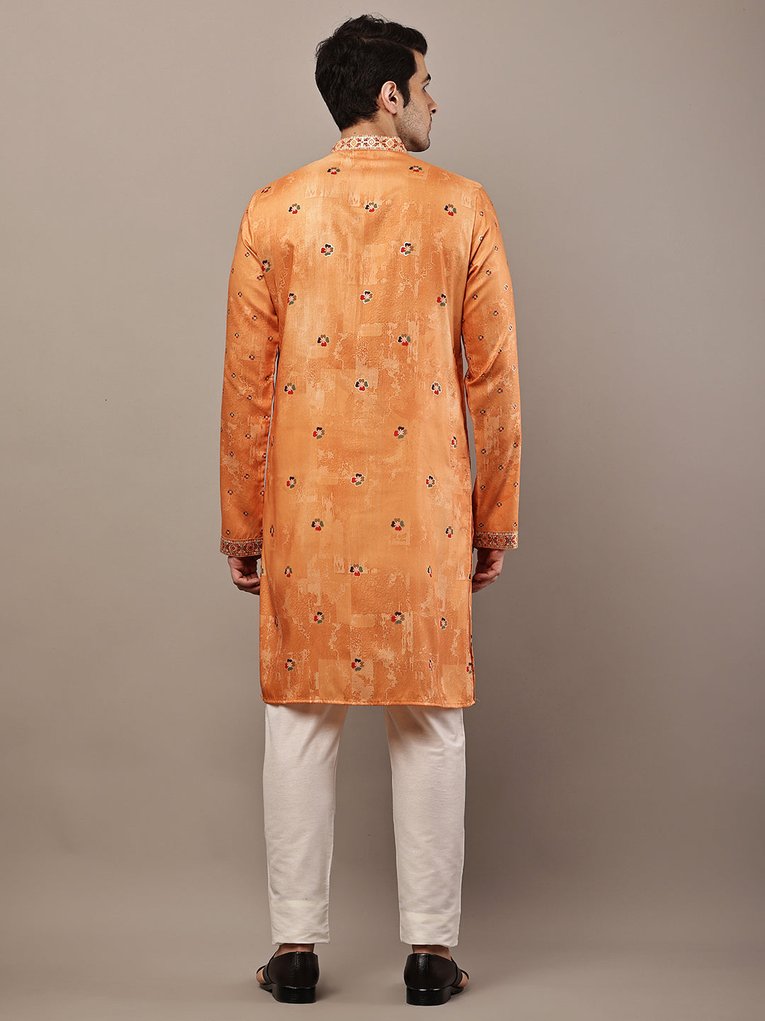 Viscose Men’s Rust Orange Embroidered Kurta | SHOBITAM