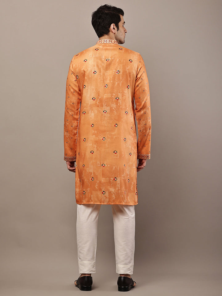 Viscose Men’s Rust Orange Embroidered Kurta | SHOBITAM