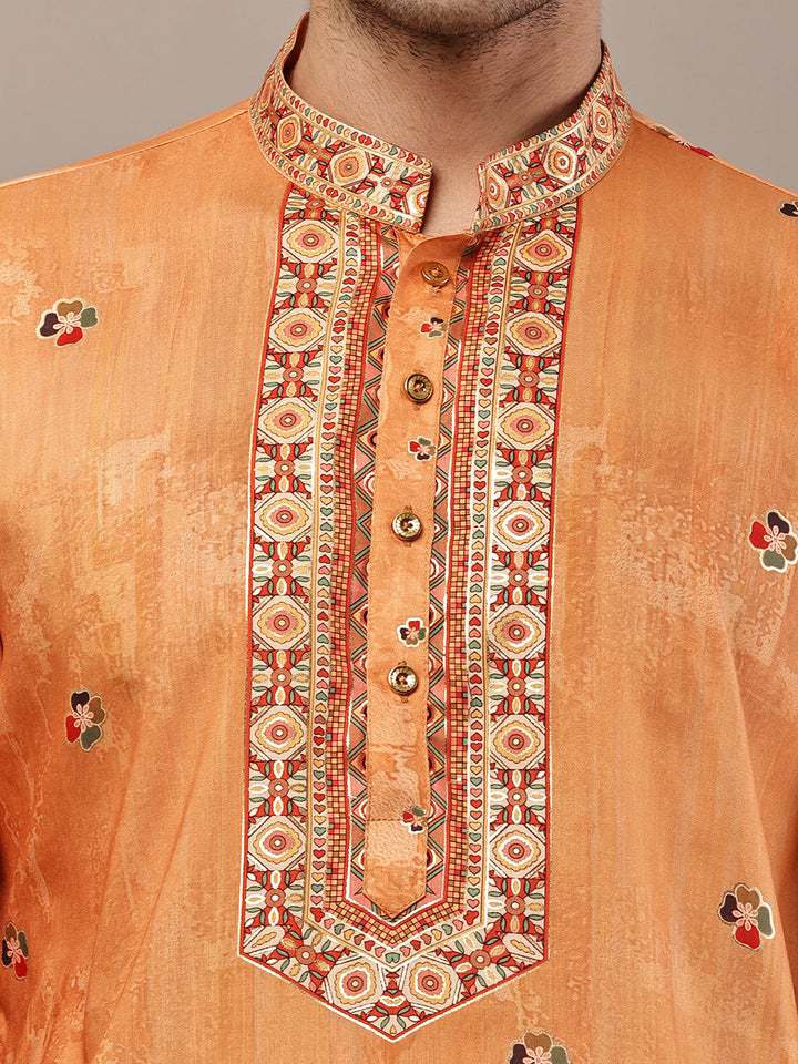 Viscose Men’s Rust Orange Embroidered Kurta | SHOBITAM