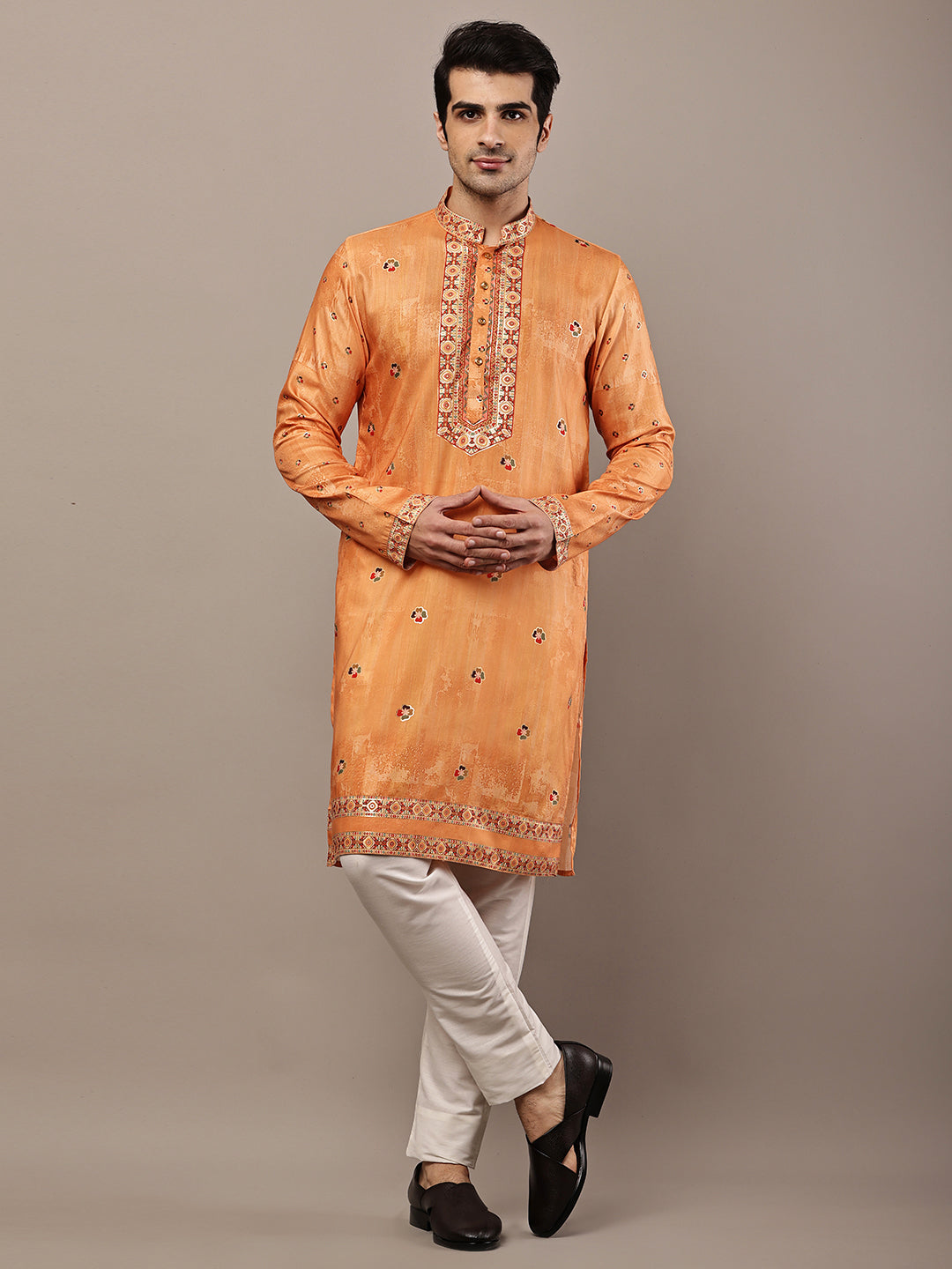 Viscose Men’s Rust Orange Embroidered Kurta | SHOBITAM