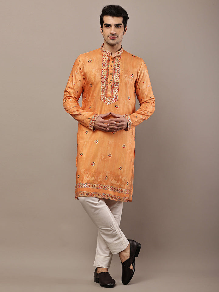Men’s Rust Orange Embroidered Kurta Pyjama Set | SHOBITAM
