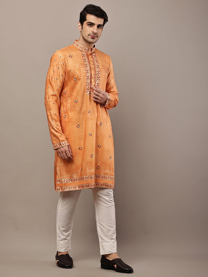 Viscose Men’s Rust Orange Embroidered Kurta | SHOBITAM
