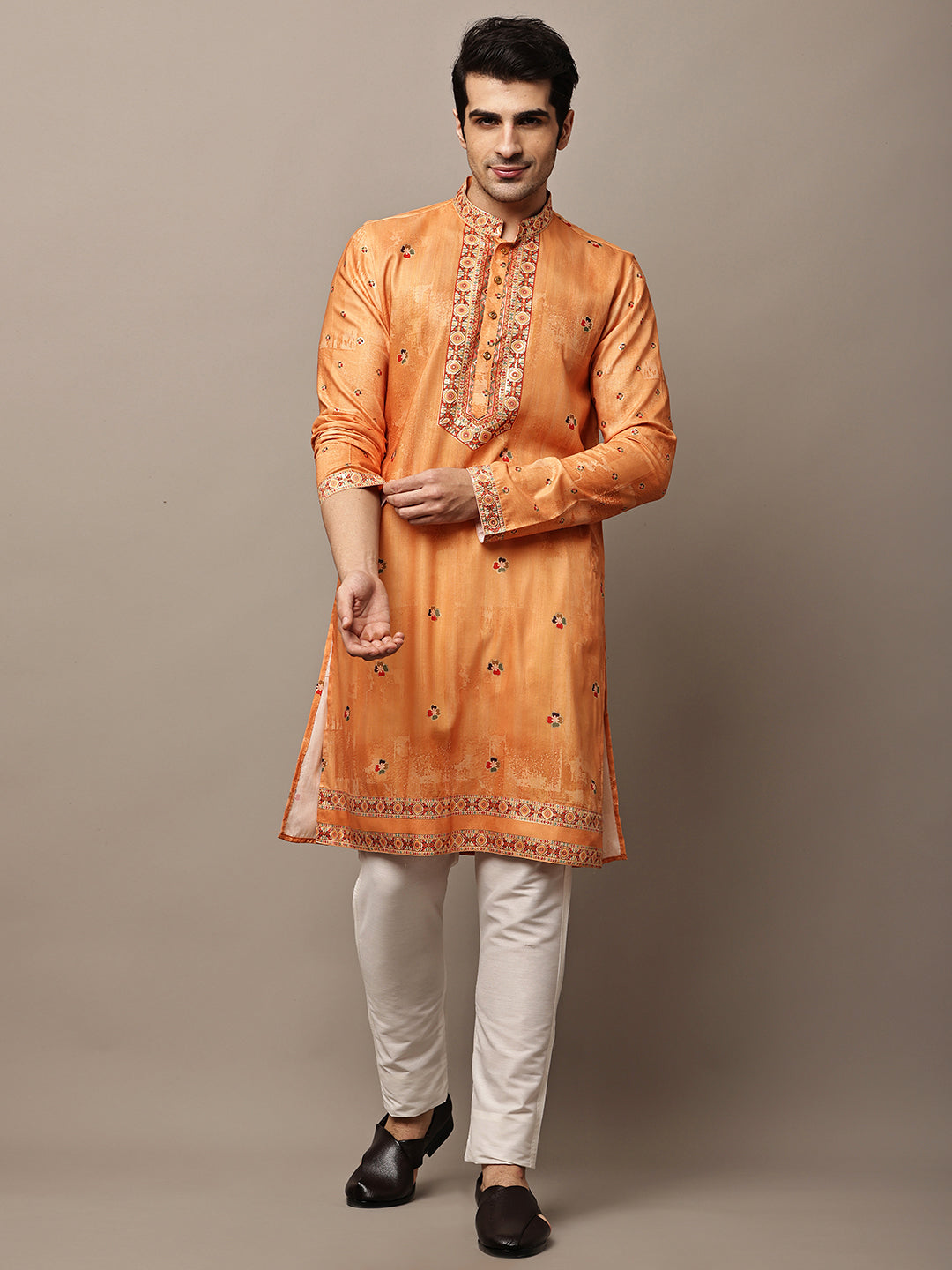 Viscose Men’s Rust Orange Embroidered Kurta | SHOBITAM