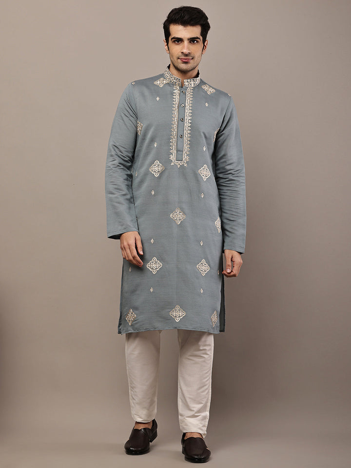 Viscose Men’s Grey Embroidered Kurta | SHOBITAM
