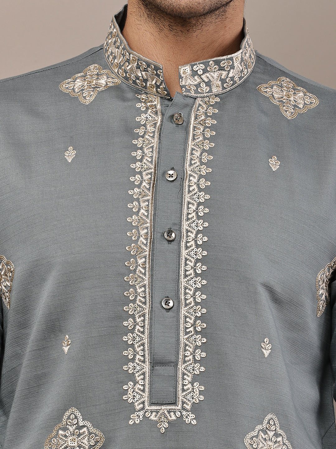 Viscose Men’s Grey Embroidered Kurta | SHOBITAM