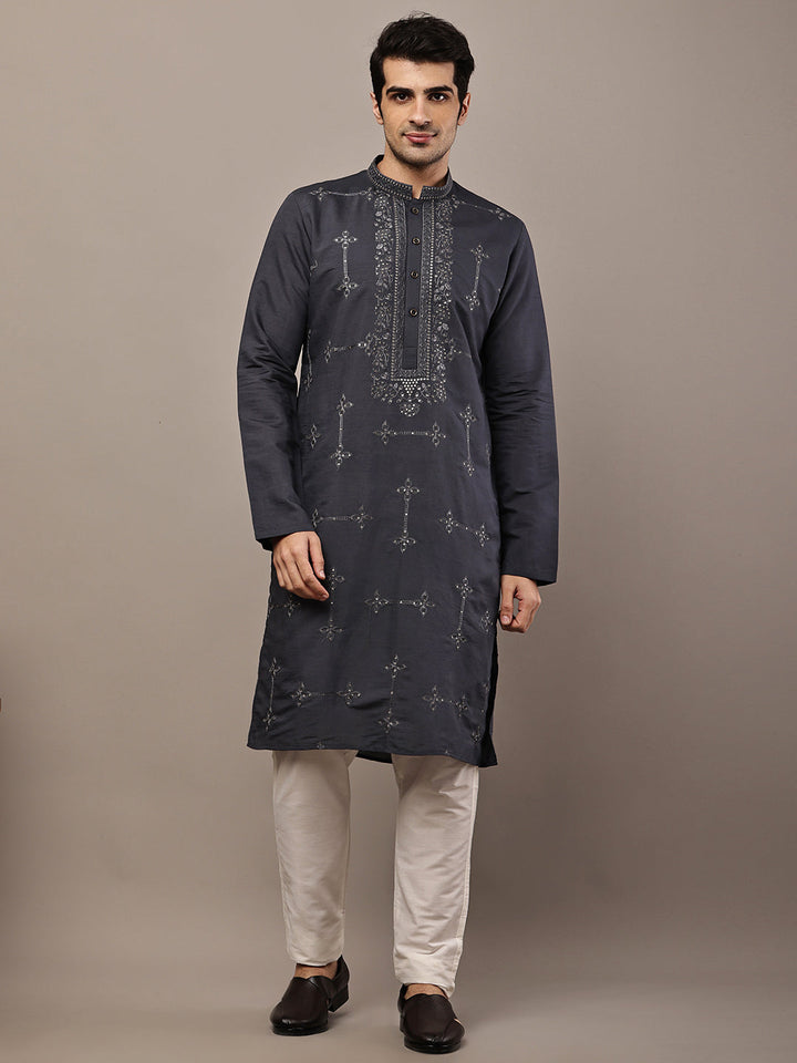 Viscose Men’s Dark Grey Embroidered Kurta | SHOBITAM