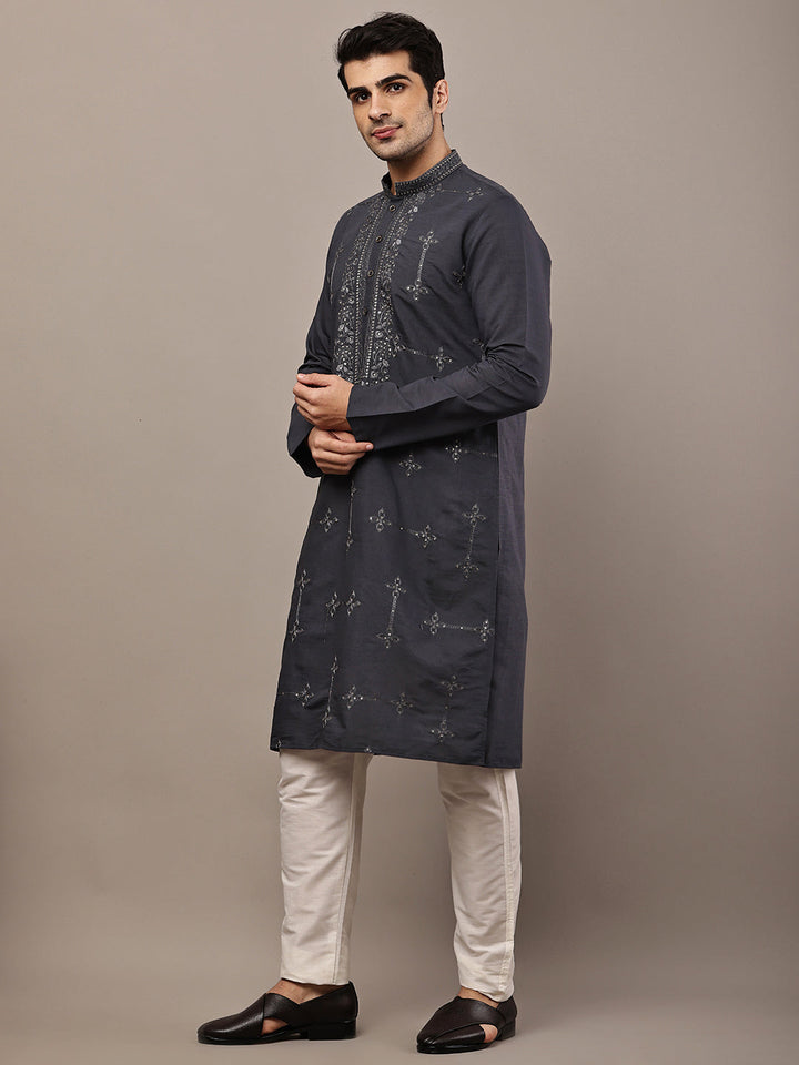 Viscose Men’s Dark Grey Embroidered Kurta | SHOBITAM