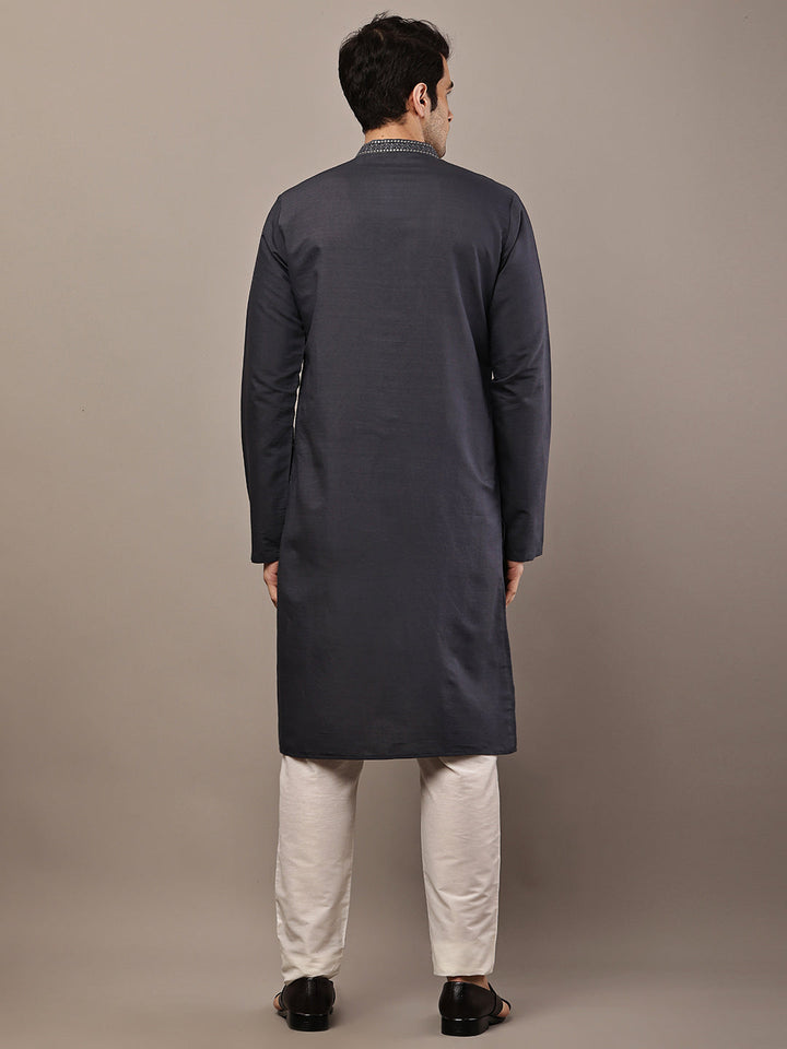 Men’s Dark Grey Embroidered Kurta Pyjama Set | SHOBITAM
