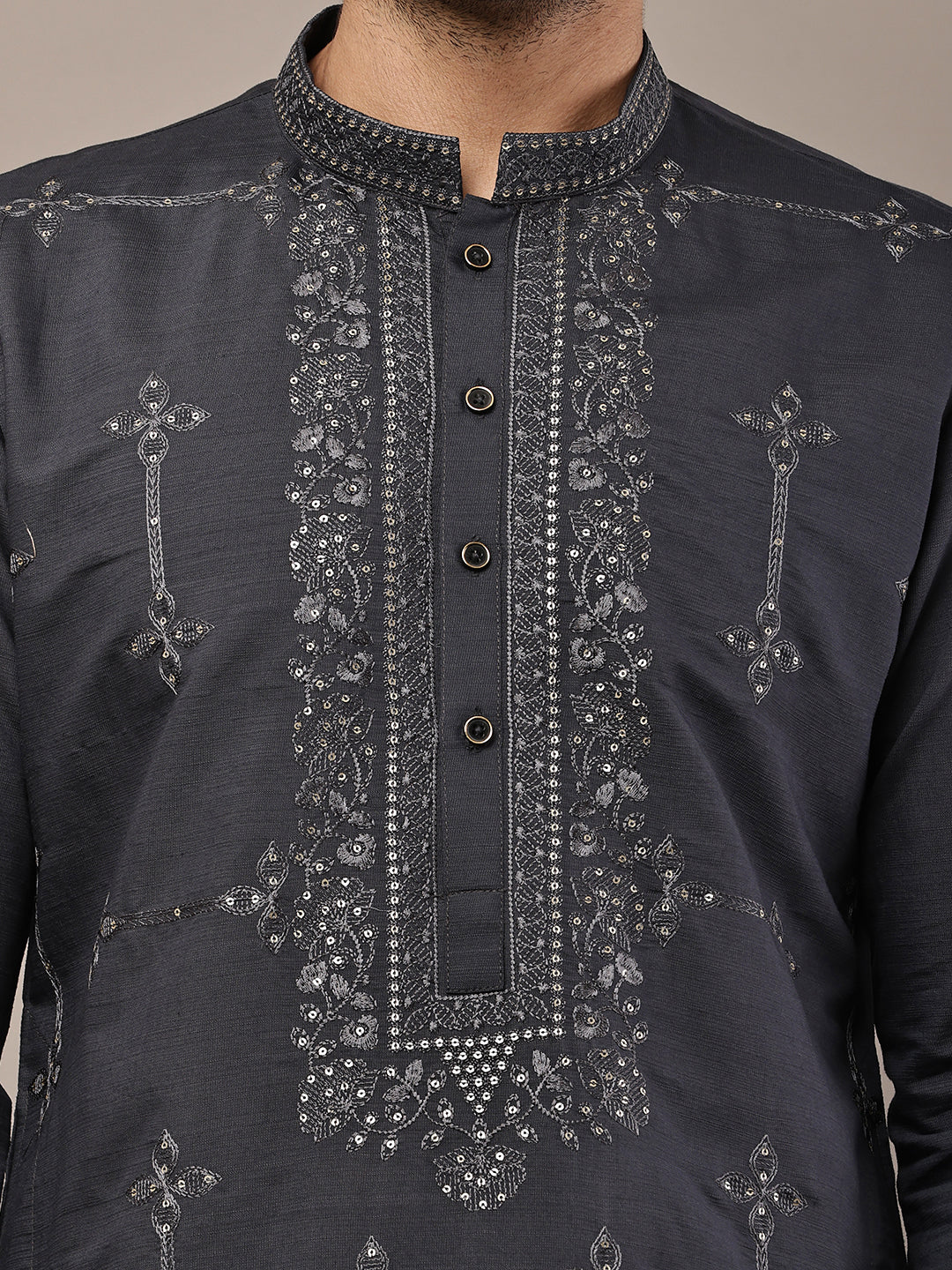 Men’s Dark Grey Embroidered Kurta Pyjama Set | SHOBITAM