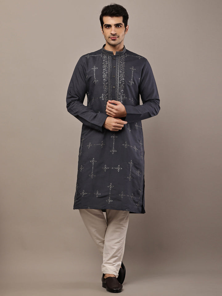 Viscose Men’s Dark Grey Embroidered Kurta | SHOBITAM
