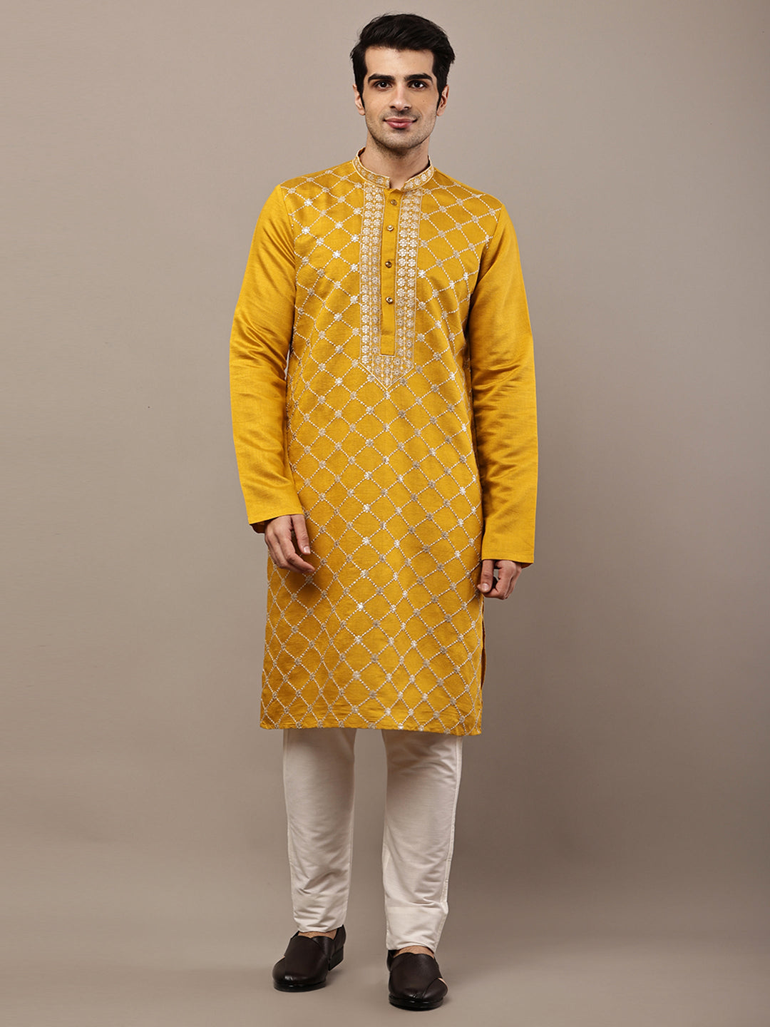 Men’s Mustard Yellow Embroidered Kurta Pyjama Set | SHOBITAM