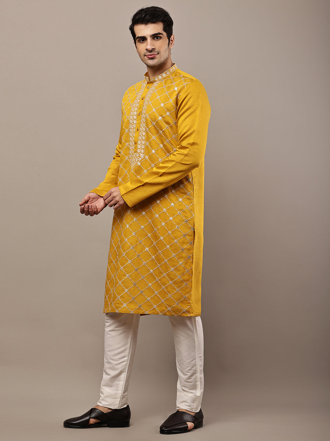 Viscose Men’s Mustard Yellow Embroidered Kurta | SHOBITAM