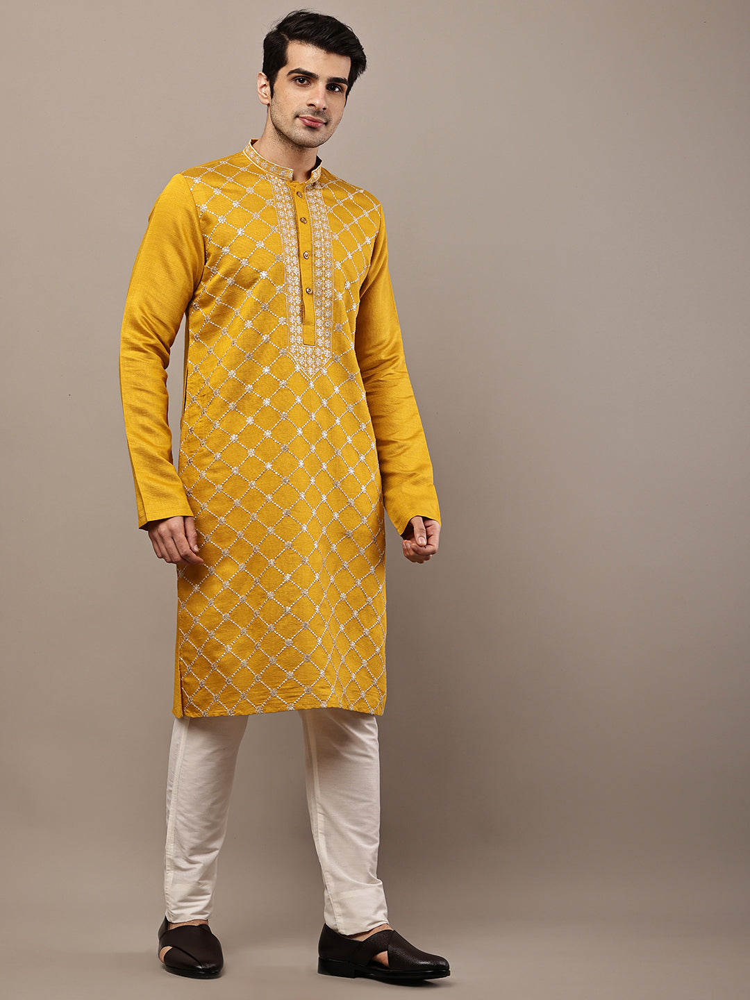 Men’s Mustard Yellow Embroidered Kurta Pyjama Set | SHOBITAM