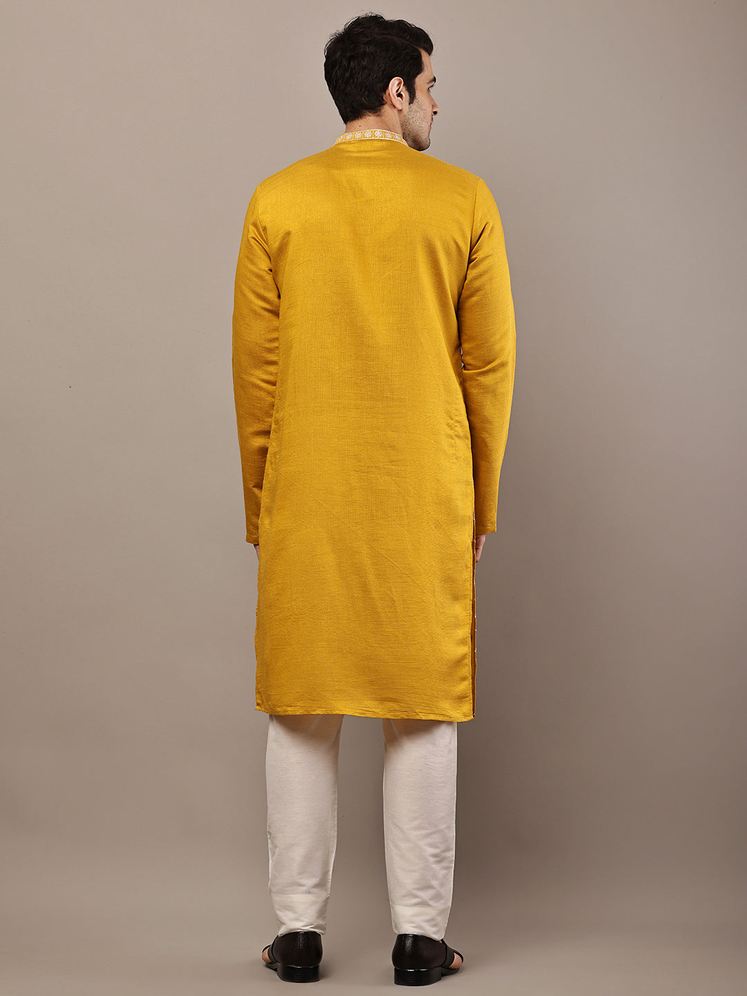 Viscose Men’s Mustard Yellow Embroidered Kurta | SHOBITAM