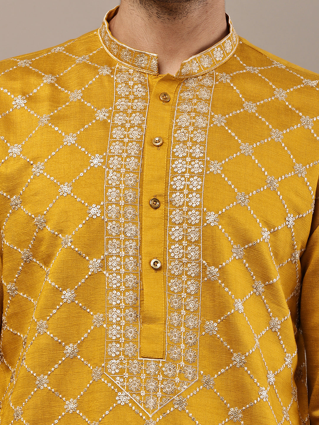 Viscose Men’s Mustard Yellow Embroidered Kurta | SHOBITAM