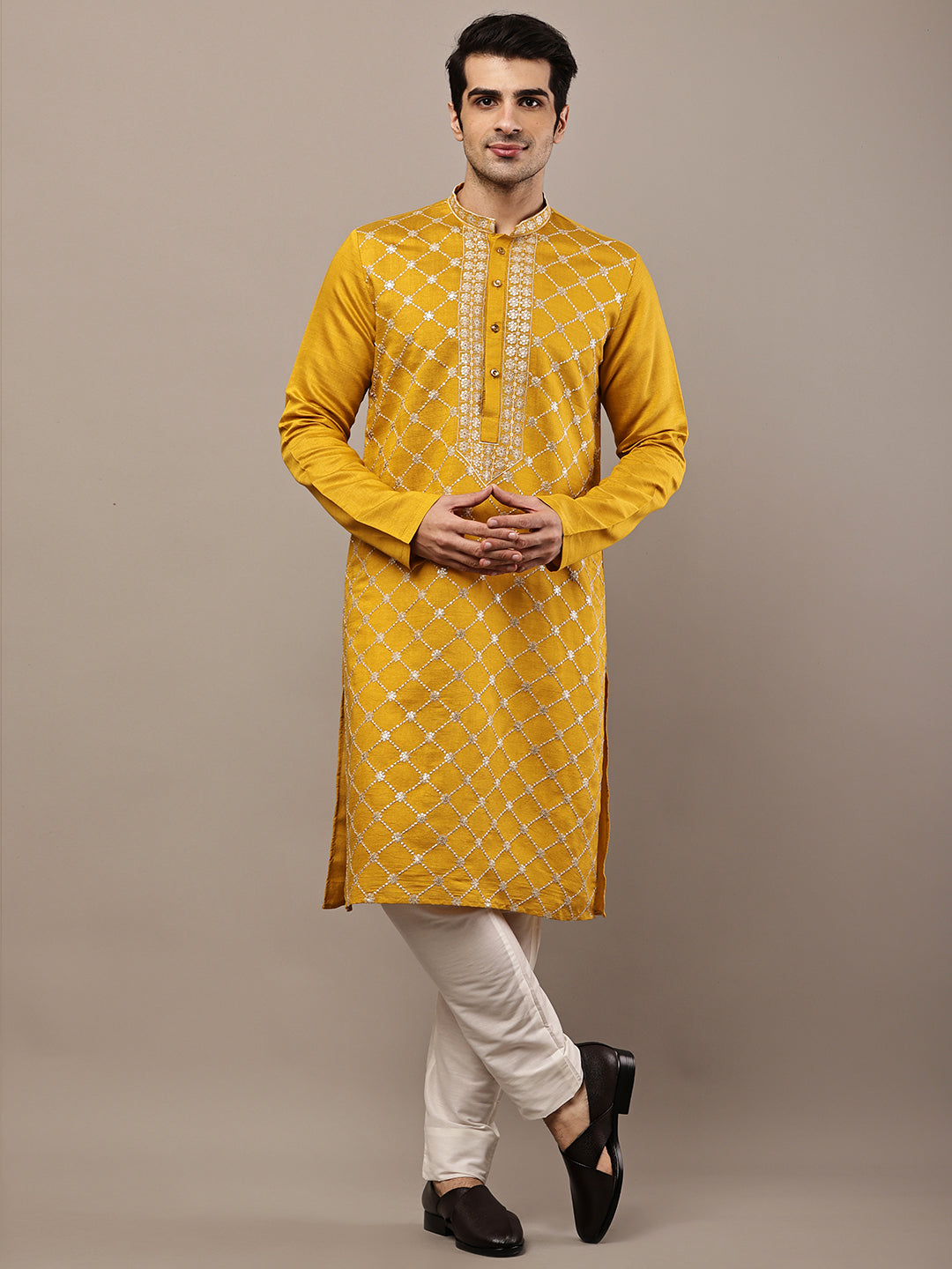 Viscose Men’s Mustard Yellow Embroidered Kurta | SHOBITAM