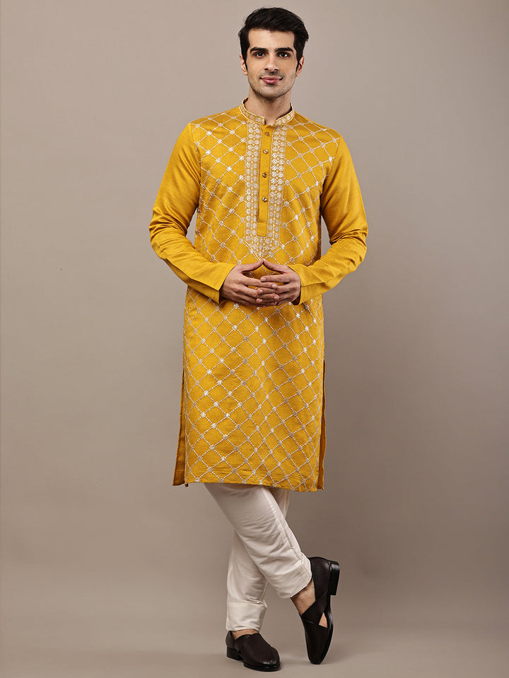 Viscose Men’s Mustard Yellow Embroidered Kurta | SHOBITAM