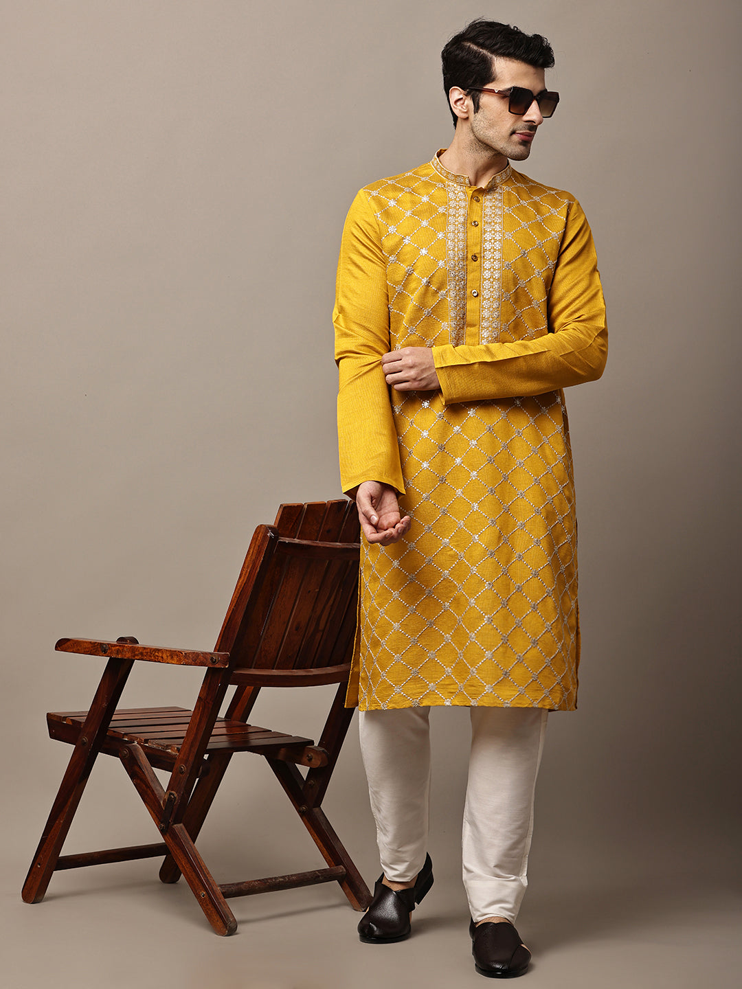 Viscose Men’s Mustard Yellow Embroidered Kurta | SHOBITAM