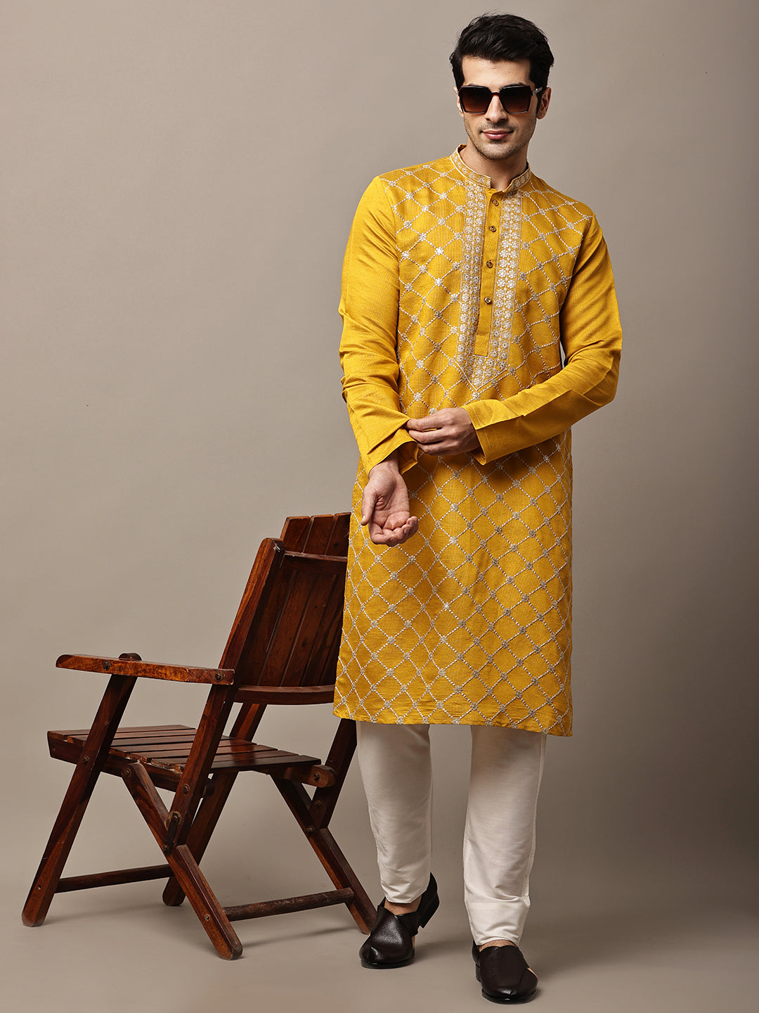 Viscose Men’s Mustard Yellow Embroidered Kurta | SHOBITAM