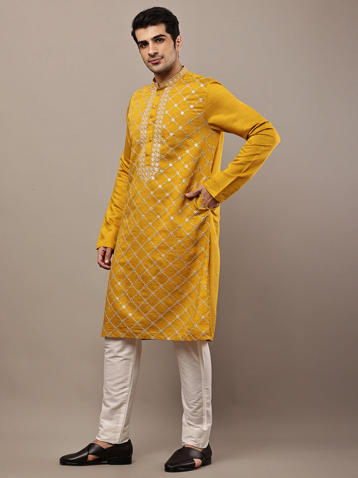 Viscose Men’s Mustard Yellow Embroidered Kurta | SHOBITAM