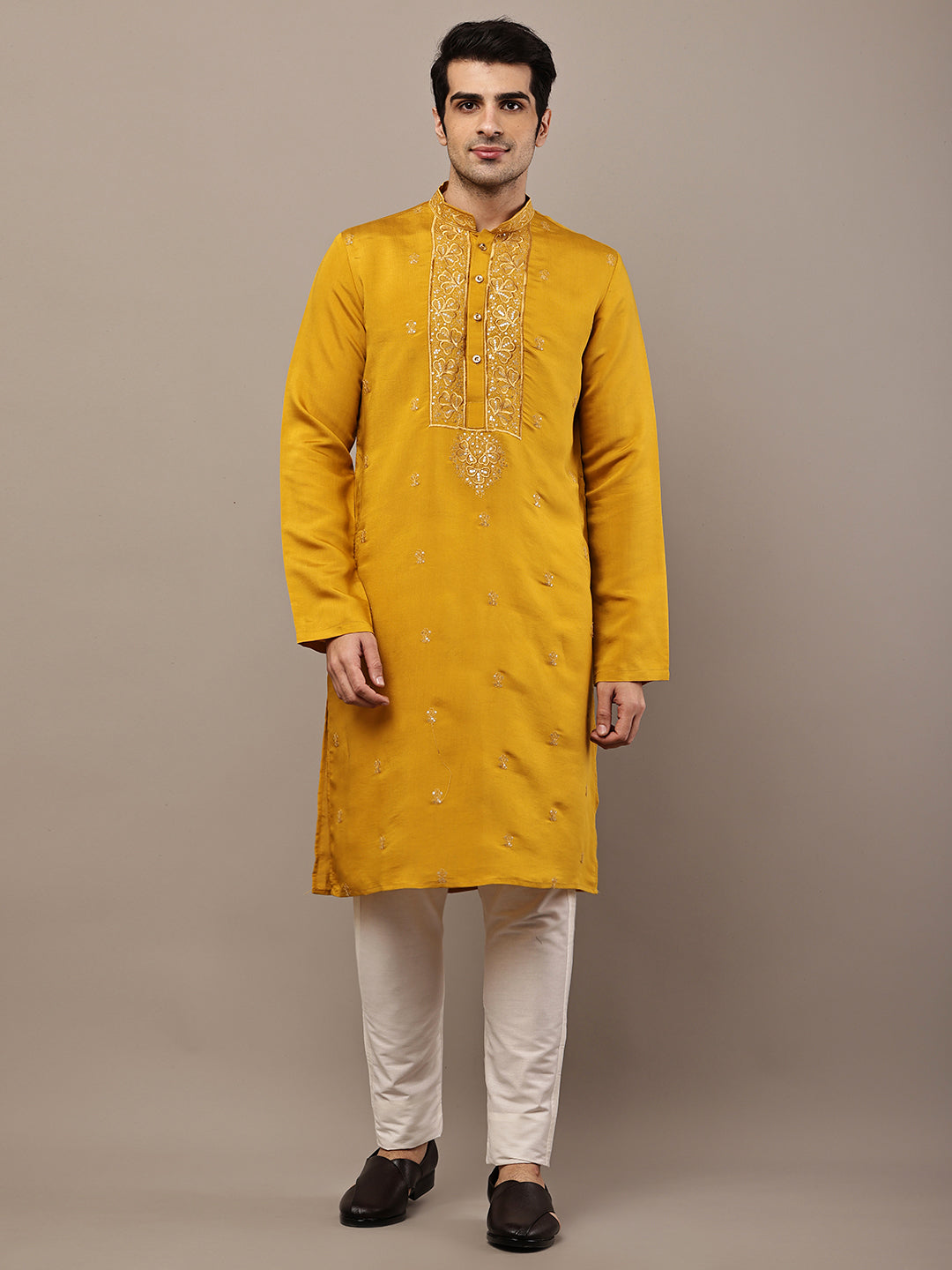 Viscose Men’s Mustard Embroidered Kurta | SHOBITAM