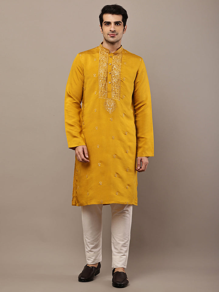 Men’s Mustard Embroidered Kurta Pyjama Set | SHOBITAM