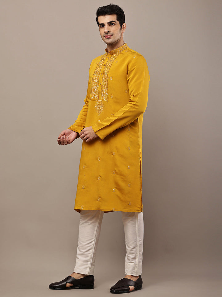 Men’s Mustard Embroidered Kurta Pyjama Set | SHOBITAM