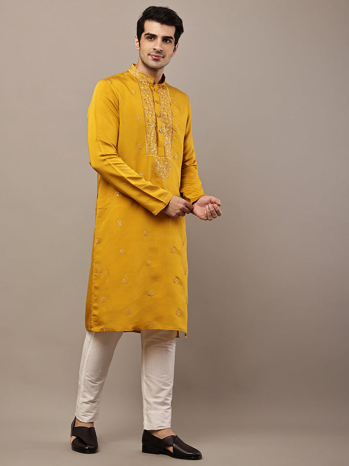 Viscose Men’s Mustard Embroidered Kurta | SHOBITAM