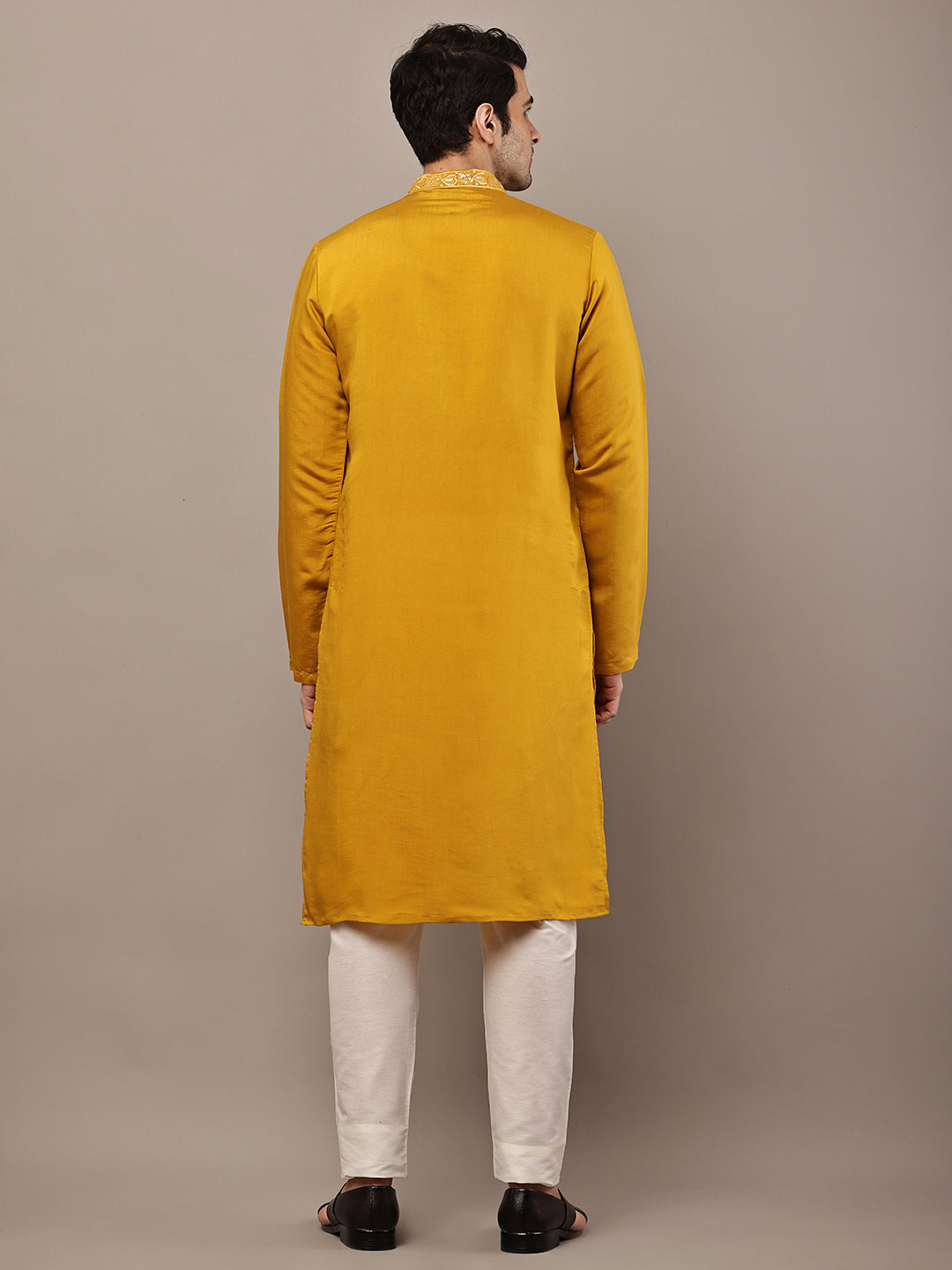 Viscose Men’s Mustard Embroidered Kurta | SHOBITAM