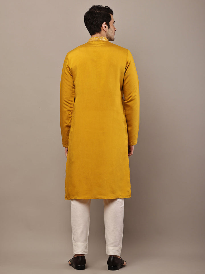 Viscose Men’s Mustard Embroidered Kurta | SHOBITAM
