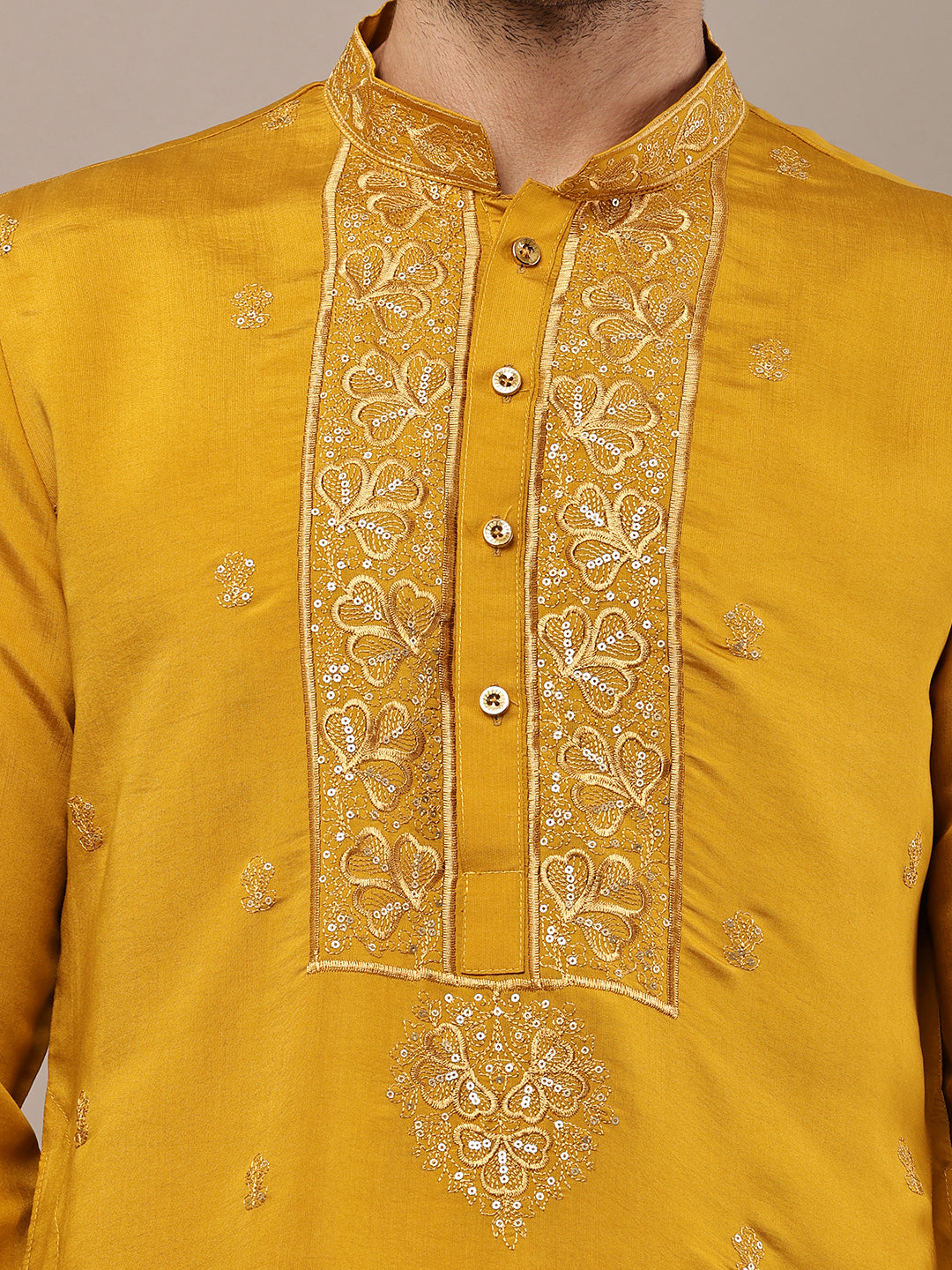 Viscose Men’s Mustard Embroidered Kurta | SHOBITAM